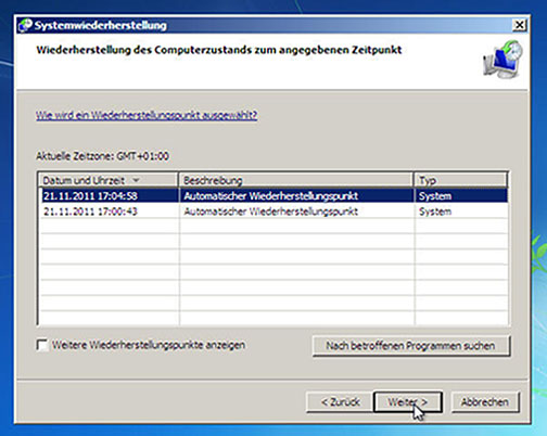 Auswahl Wiederherstellungspunkt